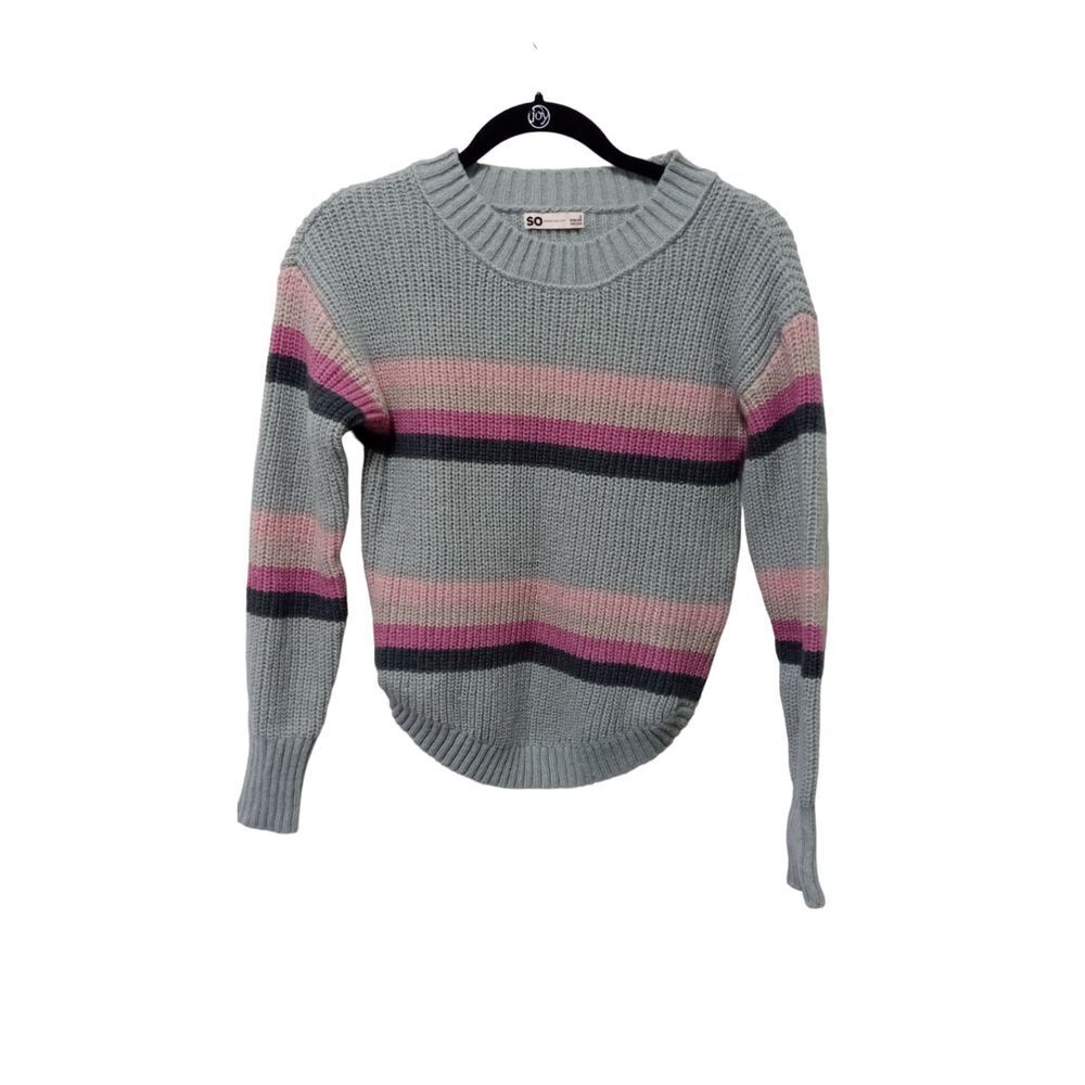 So Women's Gray and Pink Stripe Hem Pullover Sweater‎ Small